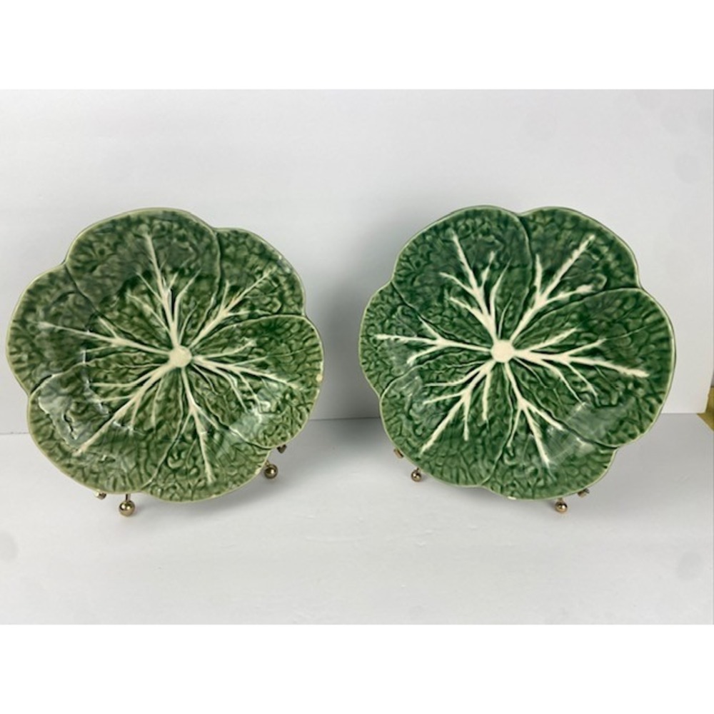 Bordallo Pinheiro Cabbage Leaf Majolica Plates Set of 2 Green Portugal 9.25 Inch